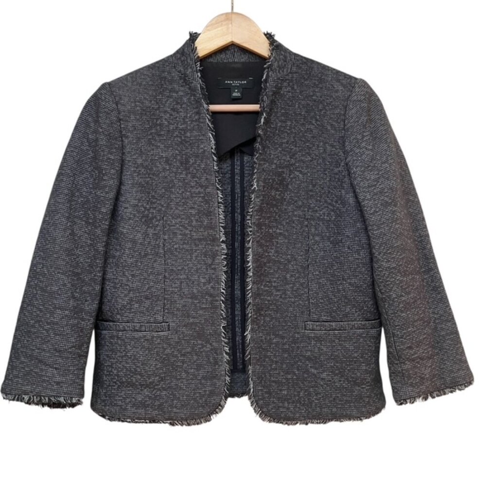Ann Taylor Black and Gray Cropped Raw Hem open Blazer with fringe detail 2P